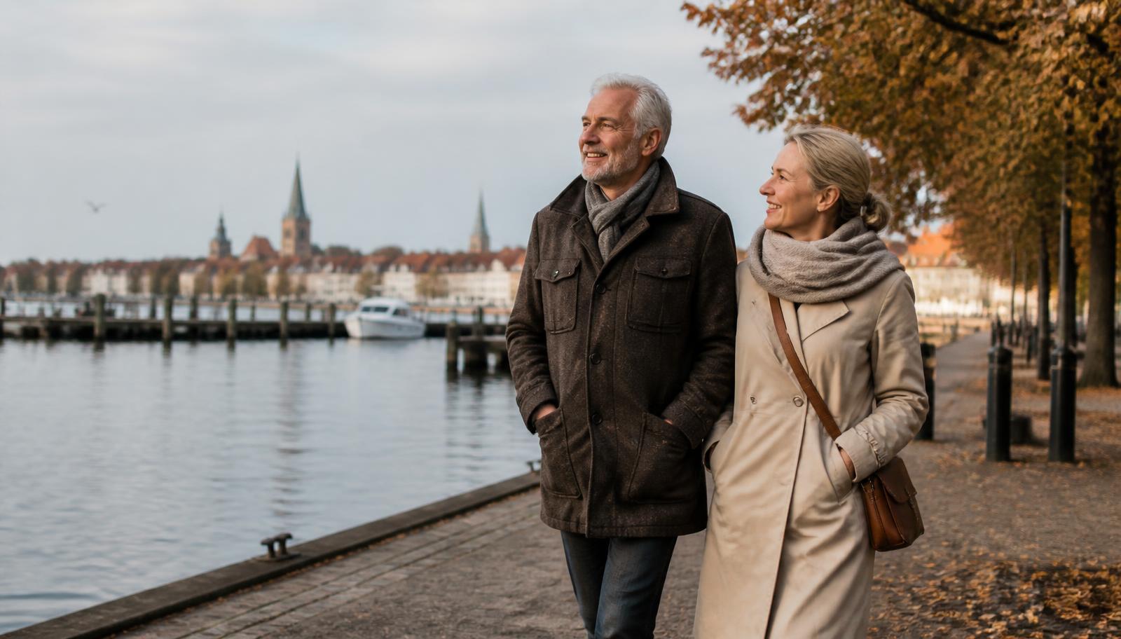 To mennesker på gåtur langs havnen en efterårsdag